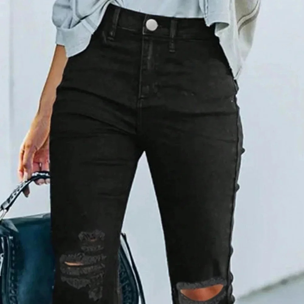 Black Preppy Womens Ripped Raw Hem Flare Leg Jeans - Picture 5 of 5